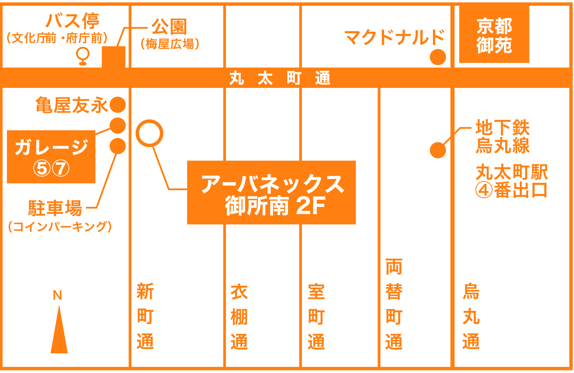 事務所周辺の案内図（丸太町駅・文化庁前・府庁前バス停・梅屋広場・駐車場）
